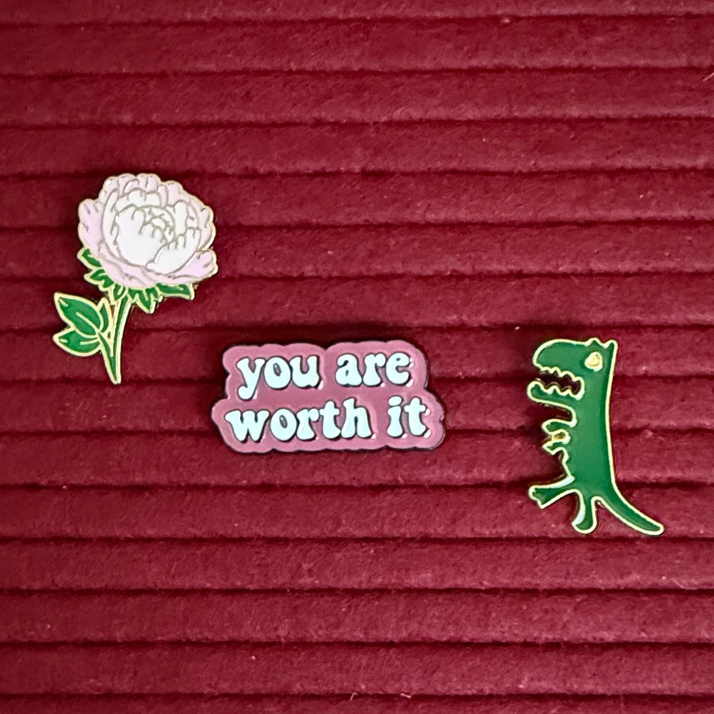 New- Set of Enamel Pins - Flower, Quote, Dinosaur you are worth it